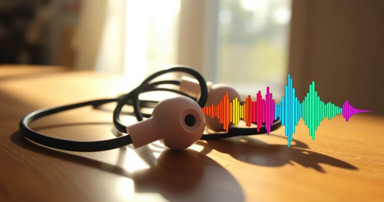 A close-up of a tangled pair of earbuds resting on a wooden table, one earbud shining brightly while the other appears dim and worn. Soft morning light filters through a nearby window, casting delicate shadows. Surrounding the earbuds, scattered tiny sound wave patterns in vibrant colors symbolize the struggle of unequal sound.