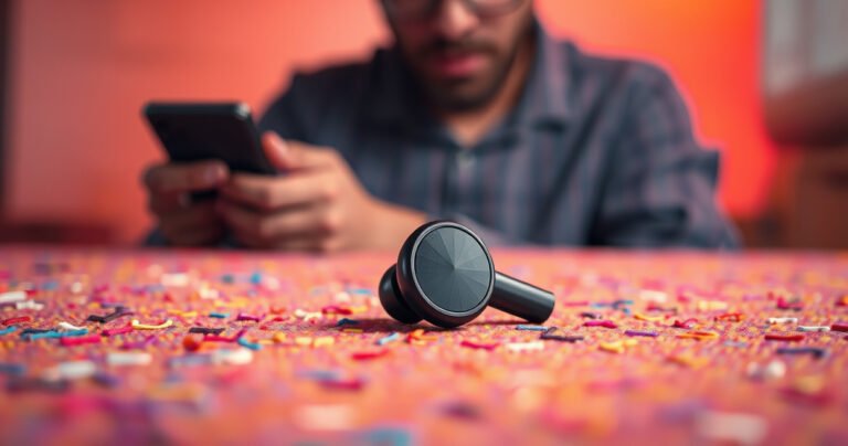 A close-up of a single Raycon earbud resting on a vibrant, textured surface, surrounded by scattered, colorful sound waves. In the background, a faint outline of a frustrated person with puzzled expression, holding a smartphone, while soft, ambient light creates a warm, inviting atmosphere that highlights the curiosity of sound technology.
