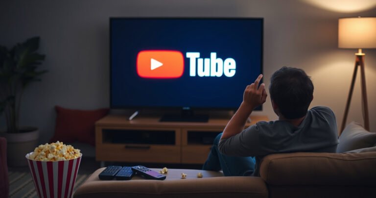 A frustrated person sitting on a couch, staring at a dark, unresponsive smart TV screen, surrounded by popcorn and remote controls scattered on the coffee table, with a colorful YouTube logo faintly glowing in the background, evoking a sense of confusion and disappointment in a cozy living room setting.