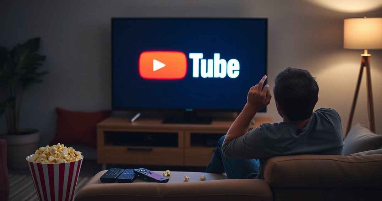 A frustrated person sitting on a couch, staring at a dark, unresponsive smart TV screen, surrounded by popcorn and remote controls scattered on the coffee table, with a colorful YouTube logo faintly glowing in the background, evoking a sense of confusion and disappointment in a cozy living room setting.