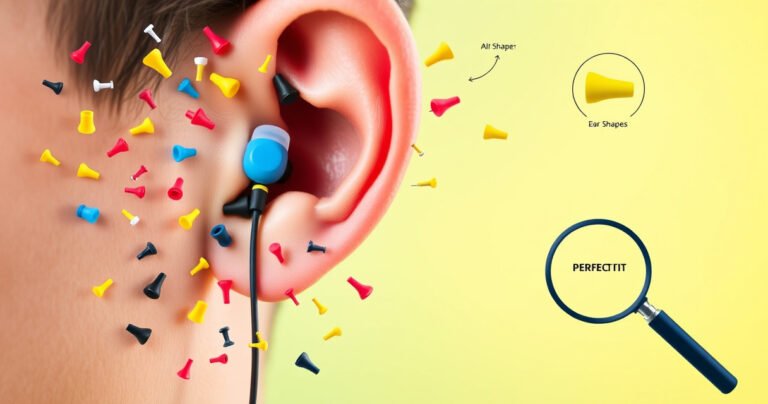 A close-up of colorful, modern earbuds slipping out of a person’s ear, surrounded by a chaotic array of alternative ear tips, frustrated expressions, and a magnifying glass highlighting common ear shapes. The background features a soft gradient blending calming blues and vibrant yellows, symbolizing the struggle and solutions for a perfect fit.