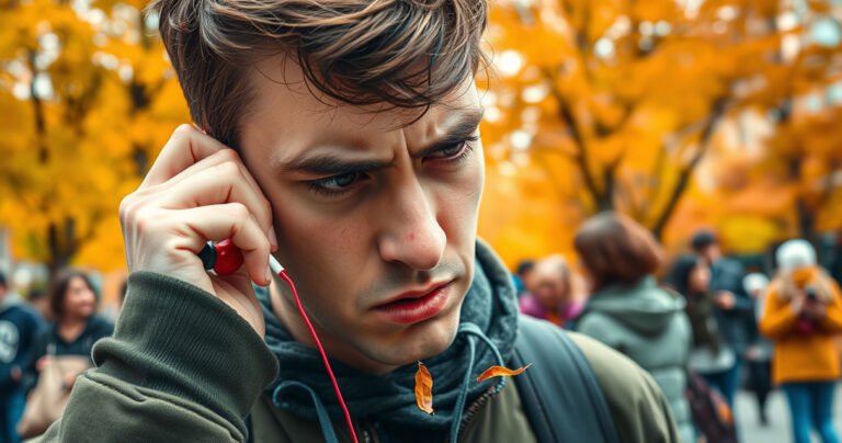 A close-up of a frustrated person adjusting colorful earbuds in a bustling urban park, surrounded by vibrant autumn leaves. Their expression shows determination mixed with annoyance, while a soft focus on nearby people enjoying music highlights the contrast. Earbuds dangle loosely, with a few falling leaves caught in the tension of the moment.
