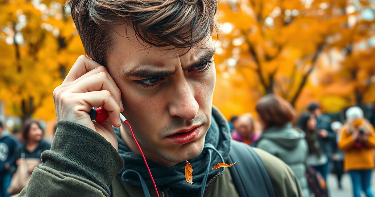 A close-up of a frustrated person adjusting colorful earbuds in a bustling urban park, surrounded by vibrant autumn leaves. Their expression shows determination mixed with annoyance, while a soft focus on nearby people enjoying music highlights the contrast. Earbuds dangle loosely, with a few falling leaves caught in the tension of the moment.