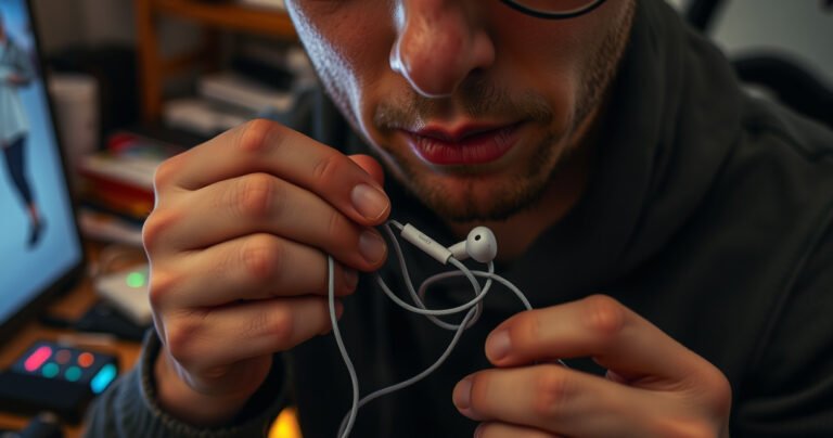 A close-up of a frustrated person examining tangled earbuds, with a background of a cluttered workspace. A glowing charger and battery indicators nearby, with small tools like a screwdriver and cotton swabs scattered around, highlighting the theme of troubleshooting and DIY fixes. Soft, warm lighting creates an inviting yet tense atmosphere.