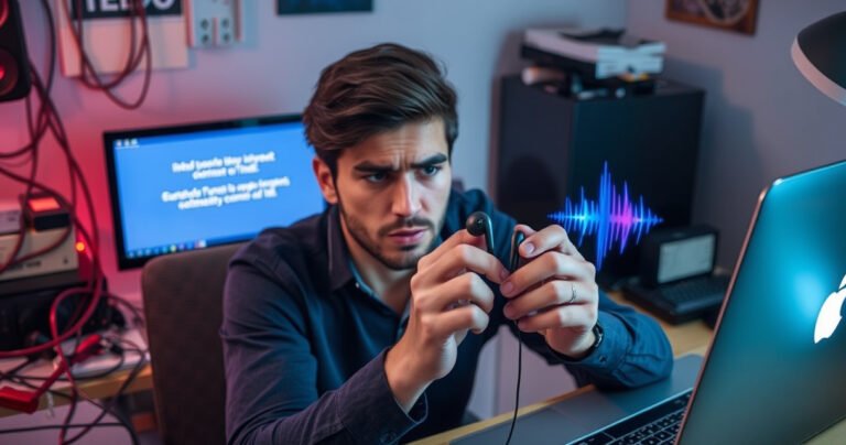 A frustrated person sitting at a cluttered desk, surrounded by tangled wires and a laptop displaying a connectivity error message. The focus is on their puzzled expression while holding a pair of sleek JLab earbuds, with vibrant sound waves visually emanating from the device, symbolizing the struggle of technology connectivity. Soft, ambient lighting enhances the scene.