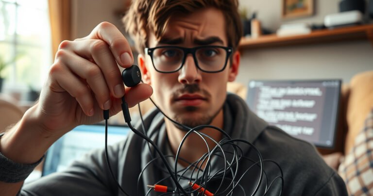 A close-up of a frustrated user holding JLab earbuds with a perplexed expression, surrounded by tangled wires and tools. In the background, a glowing laptop screen displays troubleshooting tips. Soft, natural light filters through a cozy room, creating an inviting atmosphere that contrasts with the tension of the tech mishap.
