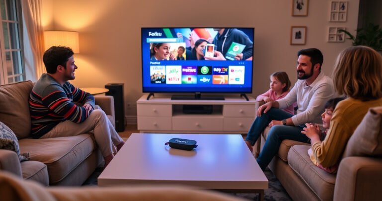A cozy living room featuring a traditional non-smart TV surrounded by plush furniture, with a Roku device prominently displayed on a sleek coffee table. Soft, warm lighting enhances the inviting atmosphere, and a family is gathered around, eagerly setting up the Roku, with a backdrop of colorful streaming graphics illuminating the room.
