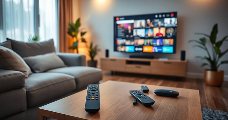 A sleek modern living room featuring a cozy couch, a large smart TV displaying vibrant streaming content, and a universal remote prominently on a coffee table, surrounded by remote controls. Soft warm lighting highlights the tech-savvy ambiance, with a touch of greenery from potted plants, creating a harmonious blend of comfort and technology.