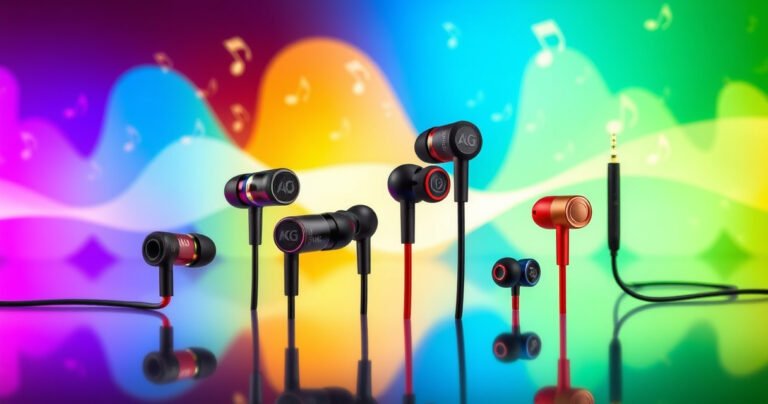 A sleek array of AKG earphones displayed on a vibrant, colorful soundwave background, with musical notes swirling around. Each pair showcases unique designs and colors, reflecting different styles and preferences, while a soft light highlights the intricate details and craftsmanship, inviting viewers to explore the perfect audio experience.