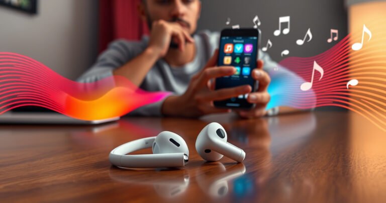 A sleek pair of Apple earphones resting on a polished wooden desk, surrounded by vibrant sound waves visualized in colorful arcs. In the background, a thoughtful person contemplates, holding a smartphone displaying music apps, with notes and sound icons swirling around, capturing the essence of music and technology in harmony.