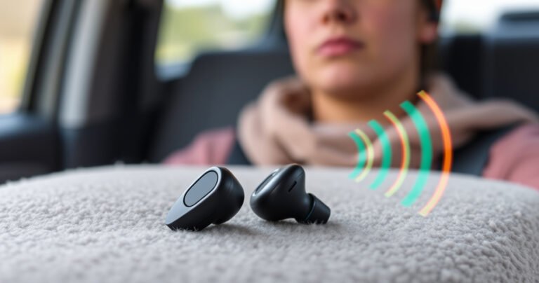 A close-up of a pair of sleek Bluetooth earbuds resting on a soft, plush surface, surrounded by vibrant sound waves emanating in colorful arcs. In the background, blurred images of a person wearing the earbuds while enjoying music, with a subtle hint of concern on their face, highlighting the balance between enjoyment and safety.