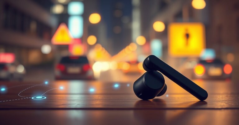 A sleek pair of Bluetooth earphones resting on a wooden surface, surrounded by faint digital waves and glowing icons representing connectivity. In the background, subtle caution signs and standards symbols blend with a soft, blurred cityscape, emphasizing the theme of safety and technology. Warm lighting casts a thoughtful ambiance over the scene.