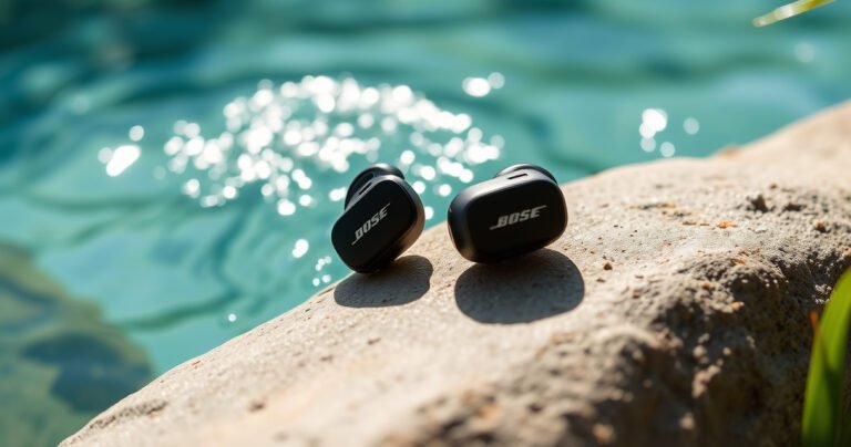 A close-up of sleek Bose earbuds resting on a smooth rock beside a shimmering pool of water, droplets splashing around them. Soft sunlight glints off the water's surface, creating a vibrant contrast with the dark, glossy finish of the earbuds, while lush greenery surrounds the scene, emphasizing the theme of water resistance.