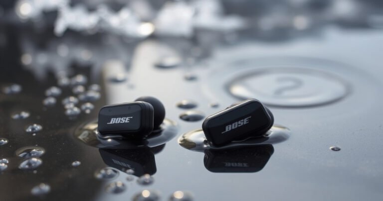 A close-up of sleek Bose QC 2 earbuds resting on a wet surface, surrounded by glistening droplets of water, with a soft-focus background of splashing waves, highlighting their modern design and potential waterproof features, while a faint question mark formed by water ripples subtly hints at the article's theme, inviting curiosity.