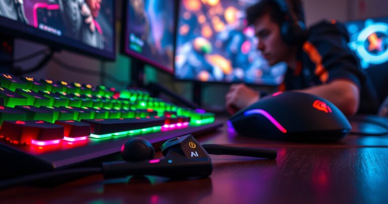 A dynamic gaming scene featuring a close-up of sleek, futuristic earbuds resting beside a glowing gaming setup, with vibrant RGB lights illuminating a high-tech keyboard and mouse. In the background, a gamer intensely immersed in action, with colorful game graphics displayed on a large monitor, capturing the essence of gaming culture and audio experience.