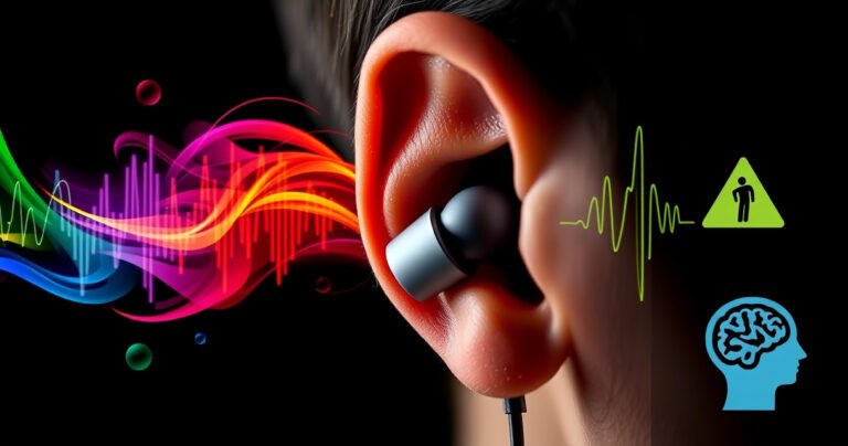 A close-up of a human ear with earbuds partially inserted, surrounded by swirling colorful sound waves and caution symbols, set against a contrasting dark background. Include subtle imagery of a heart rate monitor and a brain silhouette to symbolize health and awareness, highlighting the balance between technology and safety.