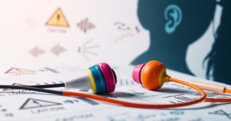 A close-up of a vibrant, colorful pair of earphones resting atop a medical chart, surrounded by caution symbols and sound waves. In the background, a silhouette of a person listening intently, juxtaposed with images of ear anatomy. The scene conveys the balance between modern technology and health awareness, highlighting the risks of prolonged use.