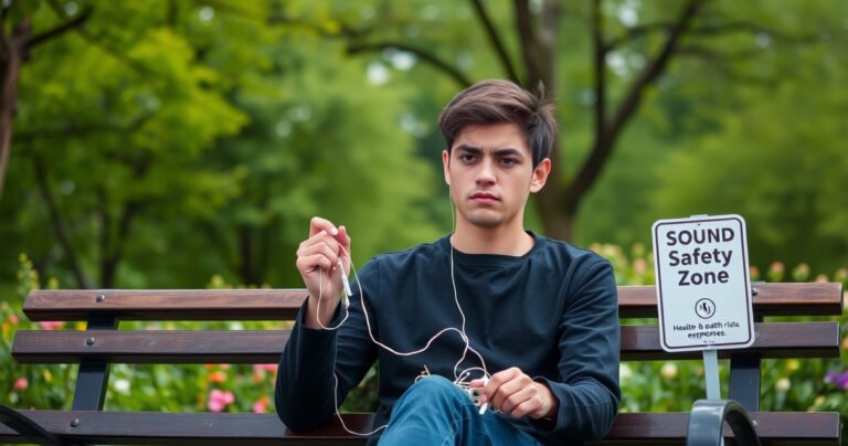 A concerned individual sitting on a park bench, holding tangled earphones in one hand, with a vibrant green background of trees and flowers. Their expression reflects uncertainty, while a soft glow highlights their ears. Nearby, a small sign reads "Sound Safety Zone," emphasizing the theme of health risks related to earphone use.