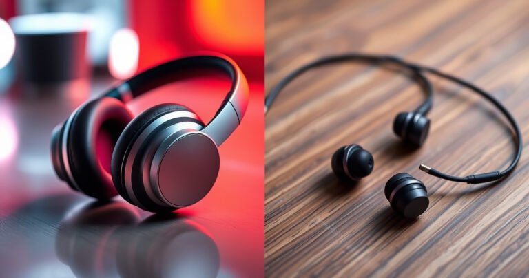 A split image showcasing a sleek pair of wireless headphones on one side, elegantly designed with soft cushions and vibrant colors, and on the other side, stylish in-ear earphones lying on a wooden surface, surrounded by soundwaves and musical notes, highlighting the contrast in style and sound experience, all against a modern, tech-inspired background.