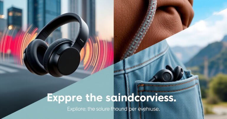 A split image showcasing a sleek pair of over-ear headphones on one side, surrounded by vibrant sound waves, and a set of compact earbuds on the other, nestled in a cozy pocket. The background features contrasting urban and natural landscapes, emphasizing the versatility of both audio devices, inviting viewers to explore the sound experience.