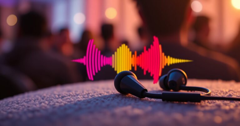 A close-up of a pair of sleek, modern in-ear earphones resting on a soft, plush surface, surrounded by vibrant sound waves illustrated in bright colors. In the background, faint silhouettes of people enjoying music, with a subtle overlay of a sound level meter, evoking a sense of balance between enjoyment and hearing protection.
