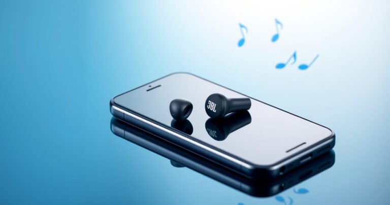 A sleek pair of JBL earbuds elegantly resting on a glossy iPhone screen, with vibrant sound waves emanating around them, symbolizing seamless connectivity. The backdrop features a soft gradient of blue and white, evoking a modern tech vibe, while subtle musical notes float in the air, highlighting the harmony between the devices.