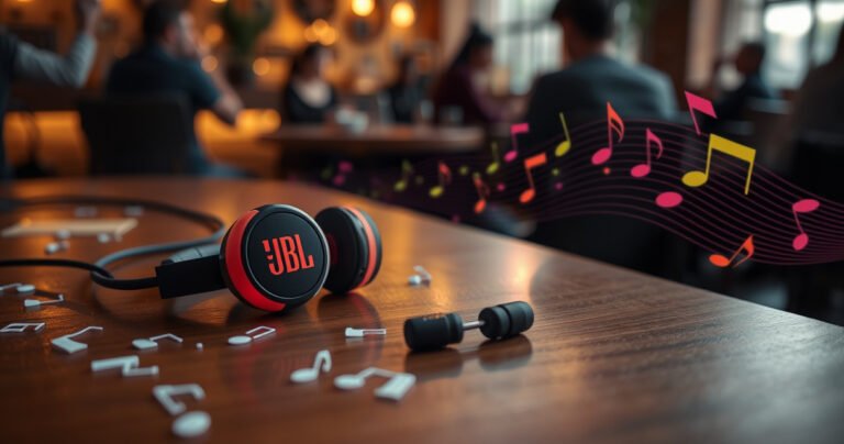 A close-up of vibrant JBL earphones resting on a sleek wooden surface, surrounded by scattered music notes and soft, colorful sound waves. In the background, a cozy café ambiance with warm lighting and silhouettes of people enjoying music adds a relatable touch, inviting viewers to explore the world of sound and quality in earphones.