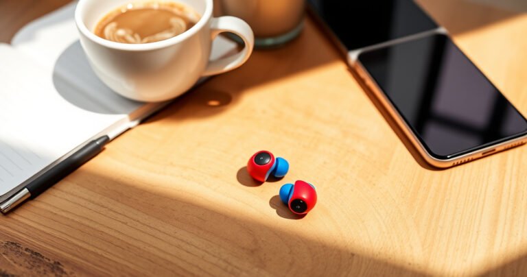 A close-up of vibrant, sleek JLab earbuds resting on a textured wooden surface, surrounded by everyday essentials like a steaming coffee cup, an open notebook with notes, and a smartphone, all bathed in warm, natural light, evoking a sense of comfort and practicality for daily life.
