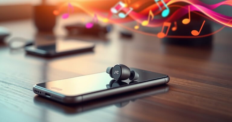 A sleek pair of JVC earbuds resting on a polished wooden surface, with an iPhone elegantly positioned beside them. The earbuds glisten in soft, warm light, showcasing their modern design. In the background, a subtle blur of tech gadgets hints at a seamless connection, while vibrant colors of music notes swirl in the air, symbolizing harmony.