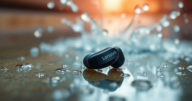 A close-up of sleek Lenovo earbuds resting on a vibrant, rain-soaked surface, droplets glistening against their smooth design. The background features blurred splashes of water to emphasize their waterproof capabilities, with a soft, ambient light illuminating the scene, evoking a sense of adventure and resilience in the face of elements.