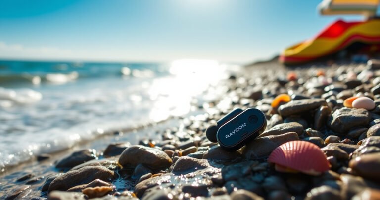 A sleek pair of Raycon Everyday Earbuds resting on a rocky beach, glistening with droplets of water, surrounded by gentle waves lapping at the shore. Bright blue skies overhead, the sun casting a warm glow, while colorful seashells and vibrant beach towels add a lively contrast to the scene, suggesting adventure and durability in the water.