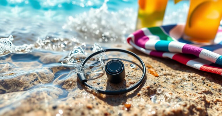 A sleek pair of Samsung earphones resting on a rocky beach, gently washed by crystal-clear waves, droplets sparkling in sunlight. Nearby, a vibrant beach towel and a tropical drink, with splashes of water in the background, create a lively atmosphere, emphasizing the earphones' waterproof features against a backdrop of summer fun and adventure.