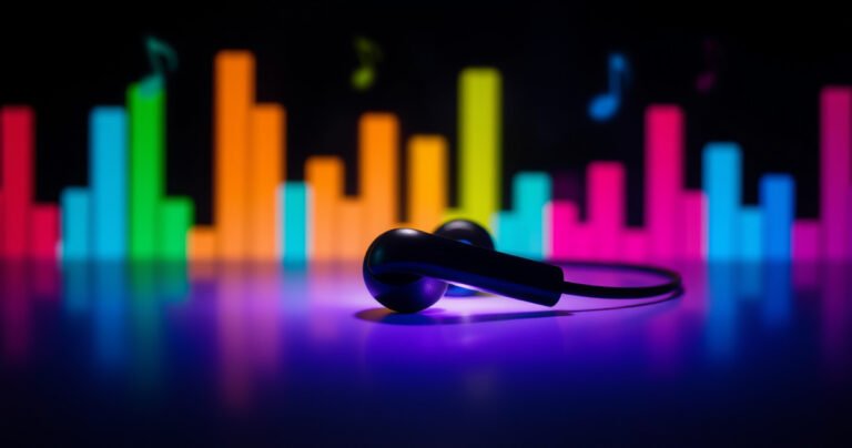 A sleek pair of Skullcandy earbuds rests on a vibrant soundwave backdrop, with colorful audio peaks radiating around them. The earbuds gleam softly in ambient light, showcasing their modern design. In the background, hints of music notes and rhythm patterns swirl, symbolizing sound quality and performance, evoking a sense of auditory excitement and value.