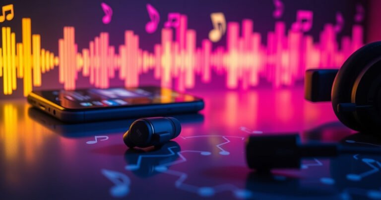 A sleek pair of Skullcandy wireless earbuds rests on a vibrant background of sound waves and musical notes, glowing softly in a dimly lit room. Nearby, a smartphone displays a music app, while a pair of headphones lies nearby, suggesting a world of audio exploration and immersive listening experiences.