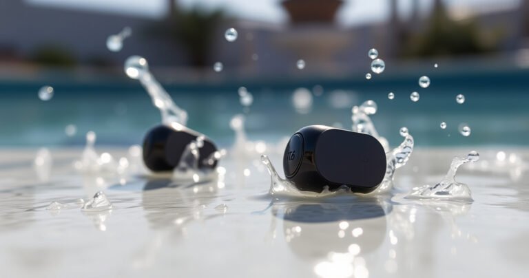 A close-up of sleek Tozo T6 earbuds resting on a smooth, wet surface, surrounded by splashes of water droplets. In the background, a blurred impression of a poolside setting, with sunlight glistening off the water. The earbuds gleam, highlighting their modern design, while the surrounding chaos emphasizes their waterproof features.