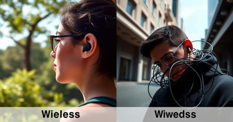 A split image showcasing a serene outdoor scene with a person using wireless earbuds, surrounded by nature, and a contrasting urban setting where someone uses wired earbuds, tangled in cables. Bright colors highlight the wireless side, while shadows loom over the wired section, emphasizing safety and freedom versus entrapment and risk.