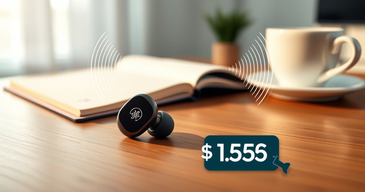 A sleek pair of Yamaha earbuds resting on a wooden table, surrounded by soft, ambient lighting. In the background, a serene workspace with a coffee cup and an open notebook. Sound waves visually emanate from the earbuds, visually representing comfort and quality, while a subtle price tag hints at value.