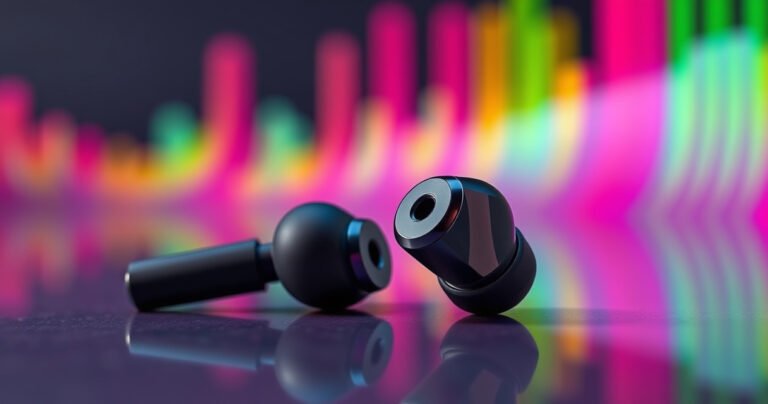 A close-up view of sleek, stylish bass earbuds resting on a vibrant soundwave background, with dynamic colors radiating outward, symbolizing deep, punchy sound. The earbuds glisten, showcasing their modern design, while musical notes swirl around them, illustrating the immersive audio experience they deliver, inviting readers into the world of rich bass.