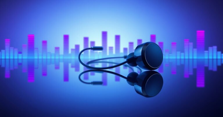A sleek pair of high-end earbuds rests on a reflective surface, vibrant sound waves visually emanating from them in deep blues and purples. Surrounding the earbuds are abstract musical notes and bass equalizer bars, creating an energetic vibe. The background features a subtle gradient, enhancing the feeling of depth and resonance in sound.