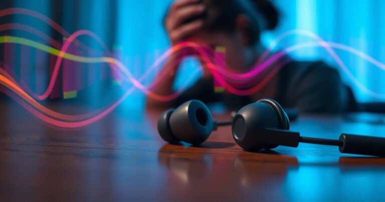 A close-up of a pair of sleek, modern earbuds resting on a wooden table, surrounded by sound waves visually represented as colorful, swirling lines. In the background, a faint silhouette of a person holding their head in discomfort, symbolizing the connection between earbuds and tinnitus, with an ethereal, blue light illuminating the scene.
