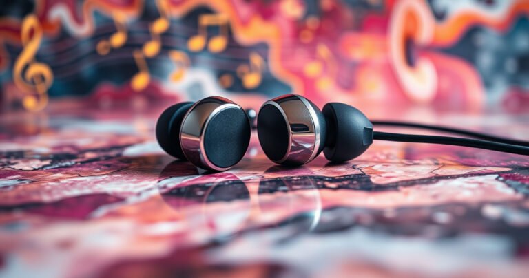 A close-up of a pair of sleek, modern earbuds resting on a colorful marble surface, surrounded by musical notes and tiny sound waves, with an abstract background depicting sound intensity and ear anatomy, highlighting the contrast between the allure of music and the potential risks of hearing damage, bathed in soft, warm lighting.