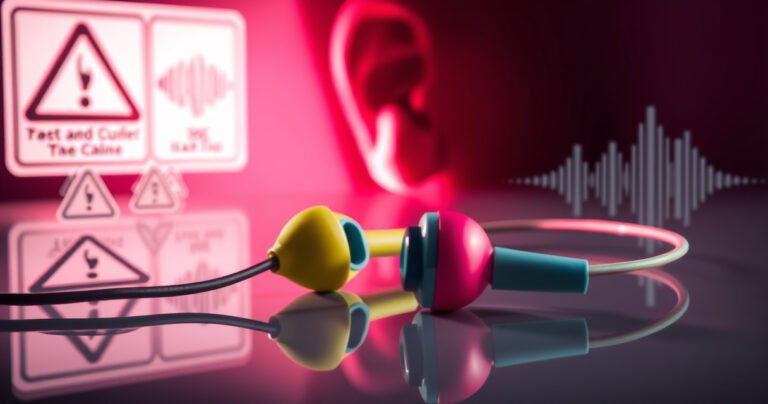 A close-up of a pair of colorful earphones lying on a reflective surface, surrounded by health warning symbols and sound waves, with a human ear silhouette faintly in the background, highlighting a contrast between enjoyment and danger. The scene is illuminated with a dramatic light, emphasizing the tension between music and potential hearing loss.