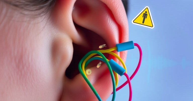 A close-up of a human ear with a pair of colorful earphones tangled around it, showcasing tiny bacteria and germs illuminated in a glowing, surreal manner. The background fades into soft blues and whites, symbolizing sound waves, while a faint caution sign hovers above, emphasizing the potential risks of earphone use.