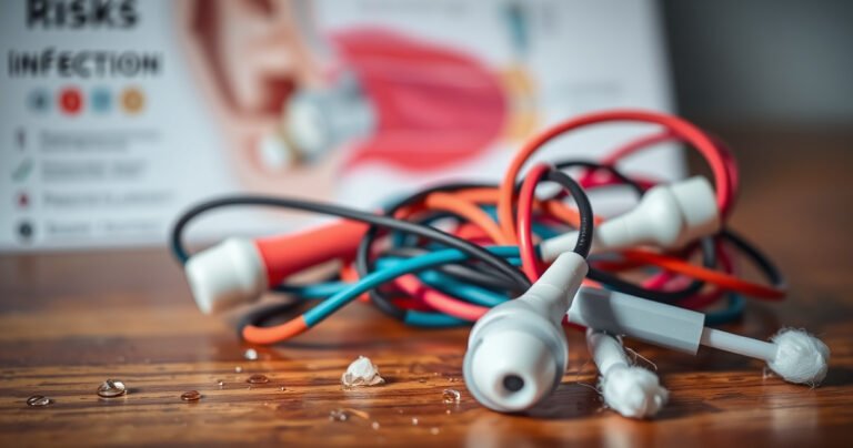 A close-up of colorful, tangled earphones resting on a wooden table, surrounded by tiny droplets of water and soft cotton swabs. In the background, a blurred medical diagram of the ear, with highlighted areas indicating infection risks, creates a contrasting sense of urgency and awareness, all under warm, inviting lighting.