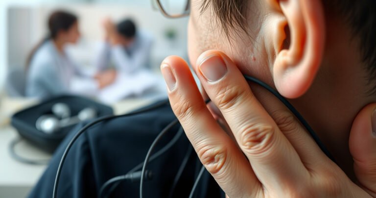 A close-up of a person gently holding their ear, wincing in discomfort, surrounded by tangled earphone wires. In the background, a blurred image of an earphone case and a medical consultation scene, with soft, muted colors conveying a sense of concern and curiosity about ear health and sound technology.