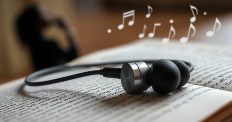 A close-up of a pair of sleek, modern earphones resting on an open book, surrounded by sound waves visually emanating from the earphones. In the background, a soft silhouette of a person enjoying music, with faint musical notes floating in the air, symbolizing the balance between enjoyment and caution in listening.