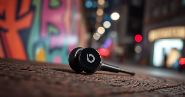 A close-up of a sleek, glossy Beats earbud resting on a textured wooden surface, surrounded by vibrant urban graffiti, with blurred city lights in the background, evoking a sense of modern style and individuality. The earbud gleams under soft, warm lighting, inviting curiosity and capturing the essence of trendy audio culture.