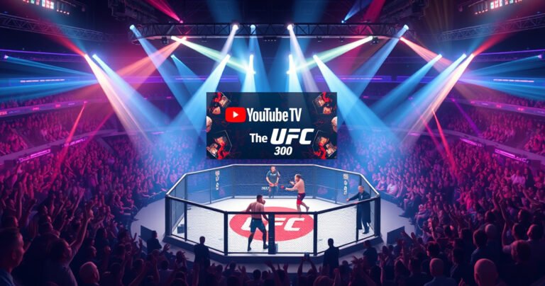 A vibrant digital illustration of a dynamic UFC octagon surrounded by cheering fans, with a large screen displaying the YouTube TV logo and UFC 300 branding. The atmosphere is electric, filled with colorful lights and action-packed fighters in mid-combat, capturing the excitement and anticipation of a major fight night.