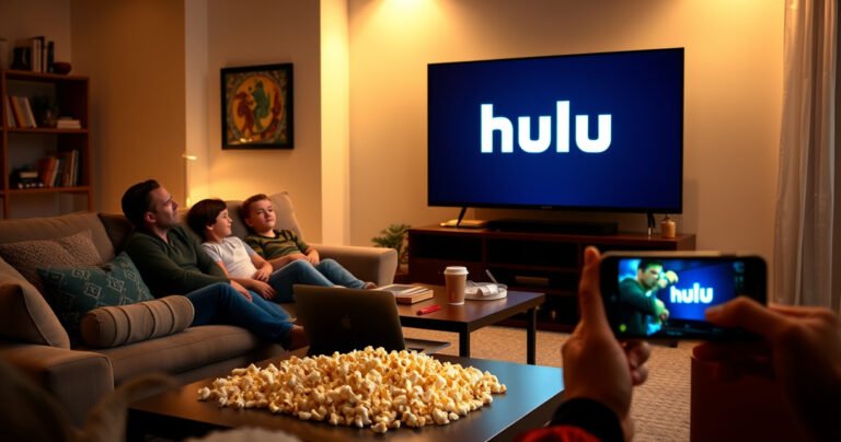 A cozy living room scene with a large TV displaying the Hulu logo, a family gathered on a plush sofa, popcorn scattered on a coffee table, warm lighting creating a welcoming atmosphere, a laptop open nearby, and a smartphone casting the screen, conveying a sense of connection and entertainment.