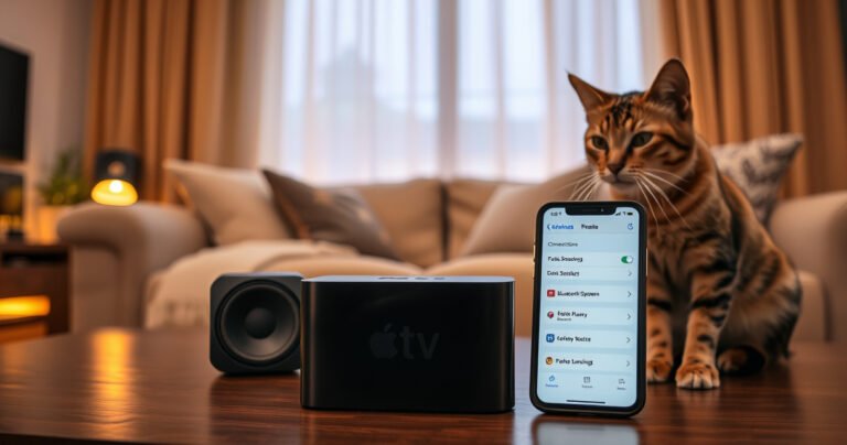 A sleek Apple TV set against a modern living room backdrop, vibrant Bluetooth speakers pulsing with sound, cozy couch adorned with soft pillows, warm ambient lighting illuminating the space, a smartphone displaying connection settings, and a curious cat observing the scene, creating a relaxed yet tech-savvy atmosphere.
